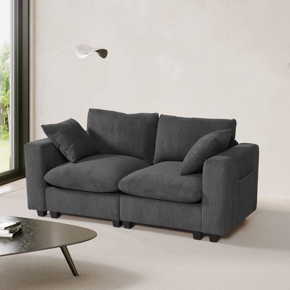 WestinTrends Hearthside 70" Modular Corduroy Loveseat Sofa With USB/Type-C Ports and Side Pockets, Charcoal Gray