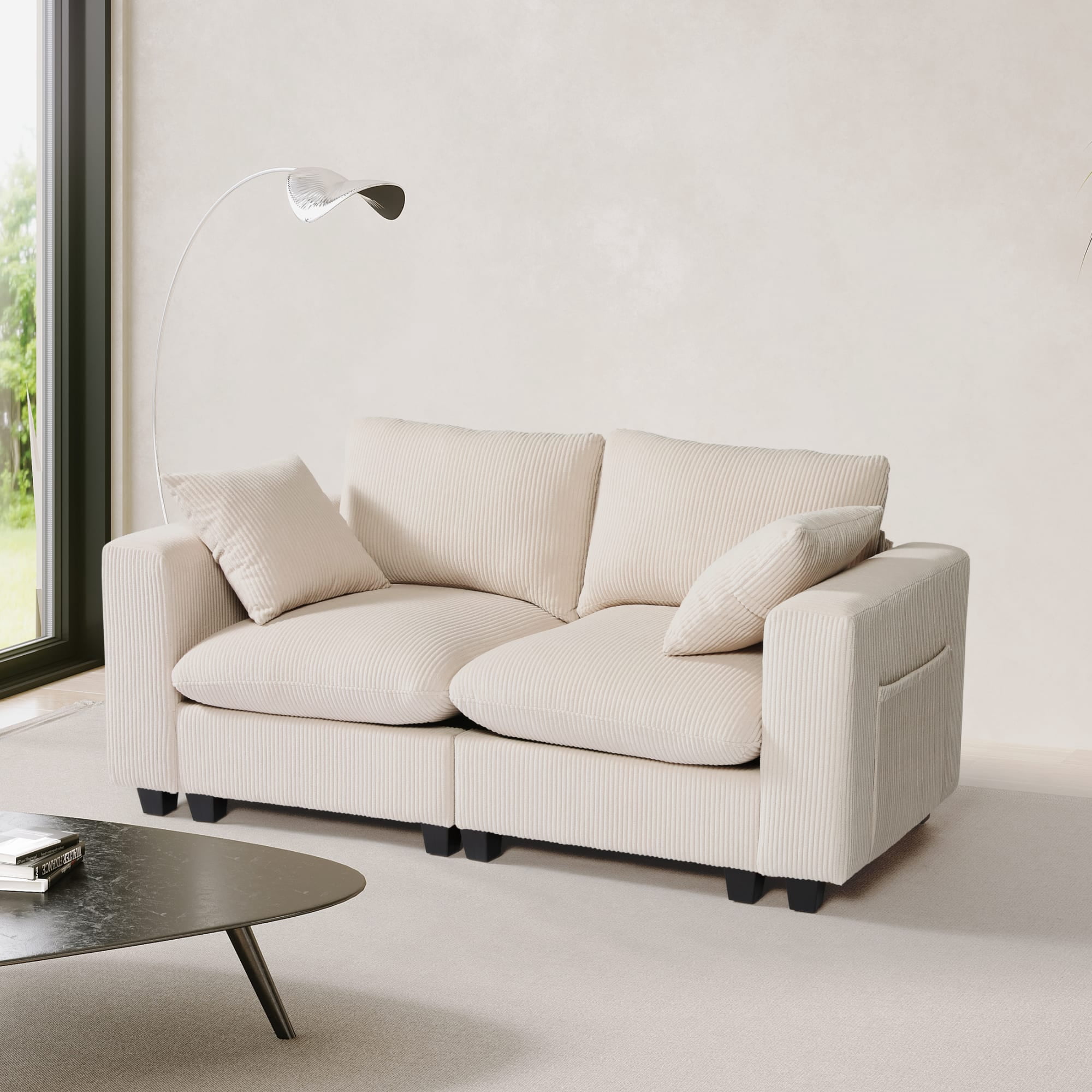 WestinTrends Hearthside 70" Modular Corduroy Loveseat Sofa With USB/Type-C Ports and Side Pockets, Cream