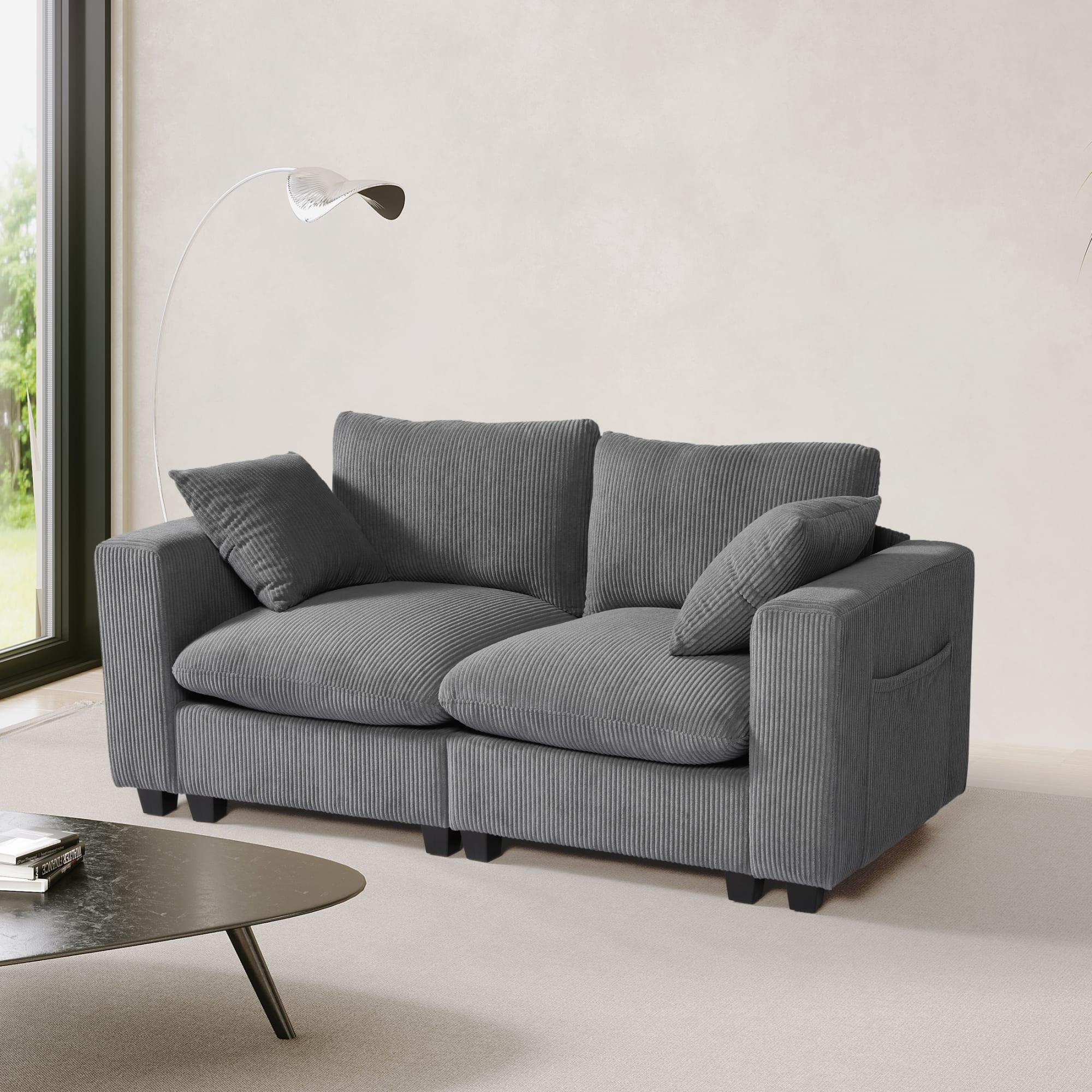 WestinTrends Hearthside 70" Modular Corduroy Loveseat Sofa With USB/Type-C Ports and Side Pockets, Gray