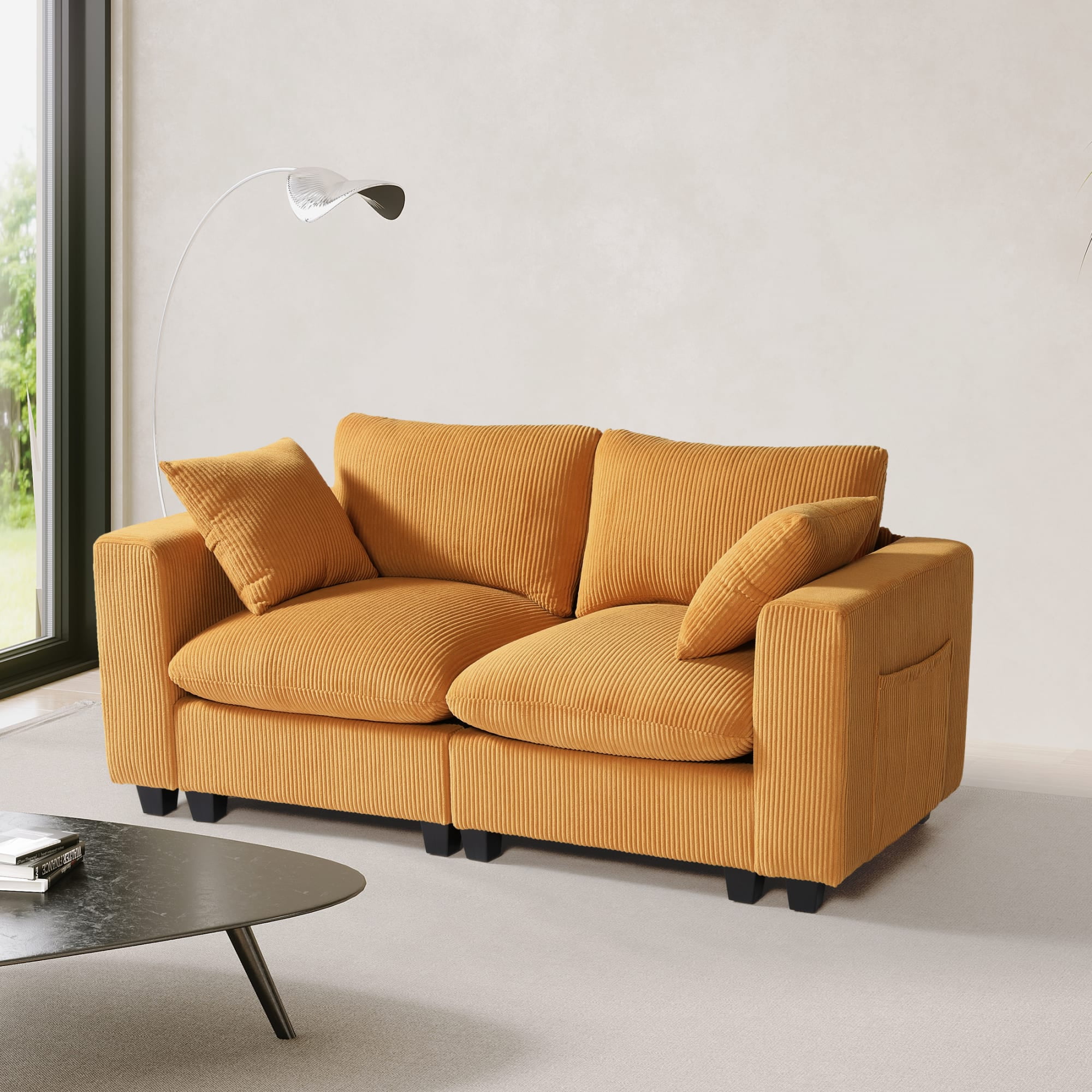 WestinTrends Hearthside 70" Modular Corduroy Loveseat Sofa With USB/Type-C Ports and Side Pockets, Mustard