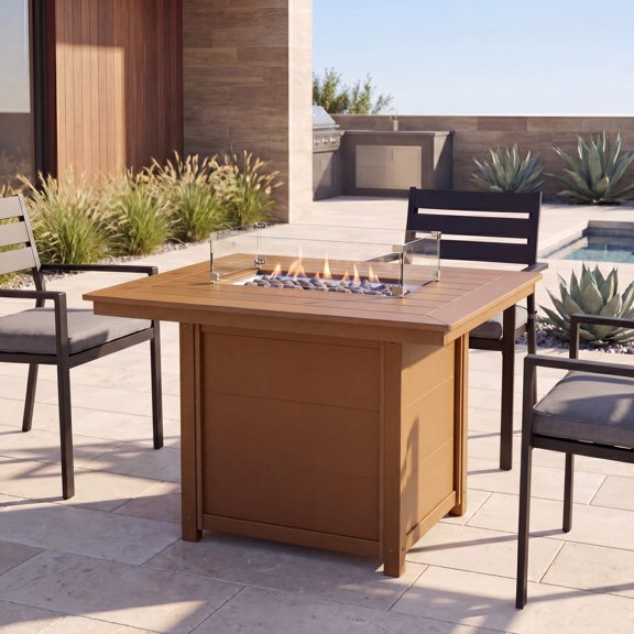 WestinTrends Helios 46" Modern Outdoor Patio Gas Propane Rectangular Fire Pit Table, Teak