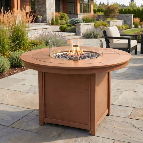 WestinTrends Helios 47" Modern Outdoor Patio Propane Gas Round Fire Pit Table, Teak