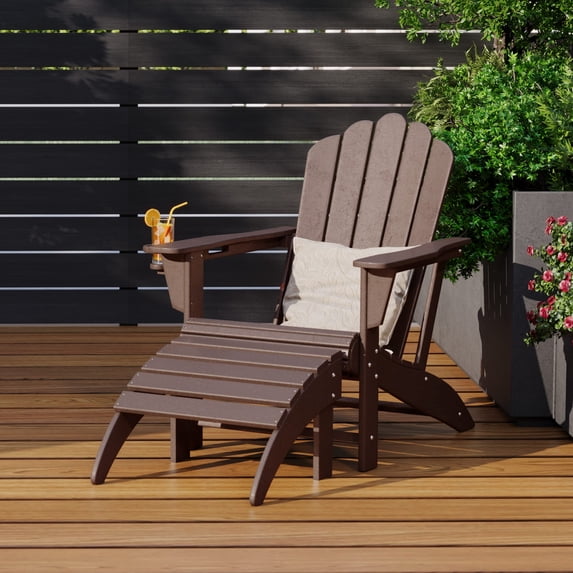 WestinTrends Highland 2-Piece Outdoor Patio HDPE Adirondack Chair With Ottoman and Cup Holder Set, Dark Brown