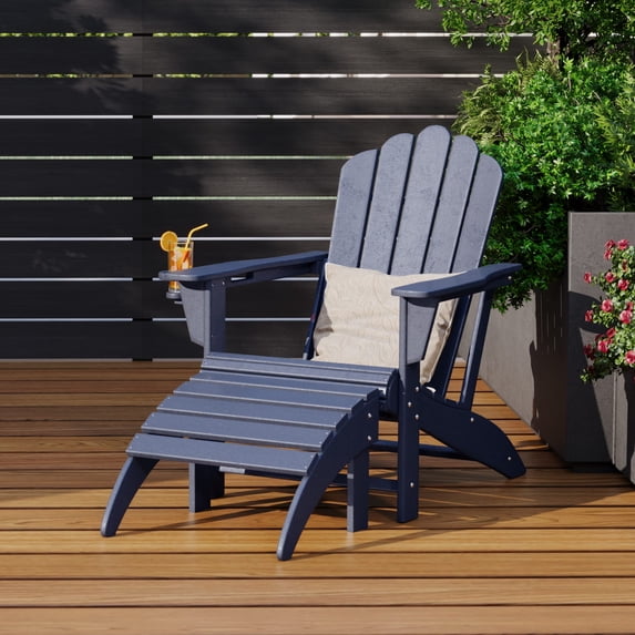 WestinTrends Highland 2-Piece Outdoor Patio HDPE Adirondack Chair With Ottoman and Cup Holder Set, Navy Blue