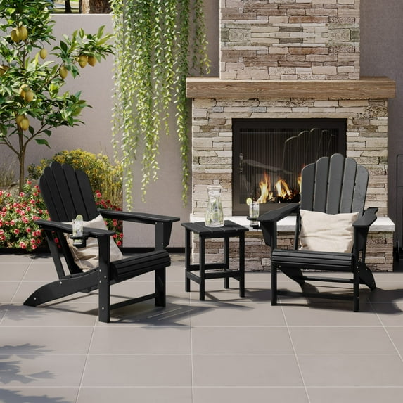 WestinTrends Highland 3-Piece Outdoor Patio HDPE Adirondack Chair With Cup Holder and Table Set, Black