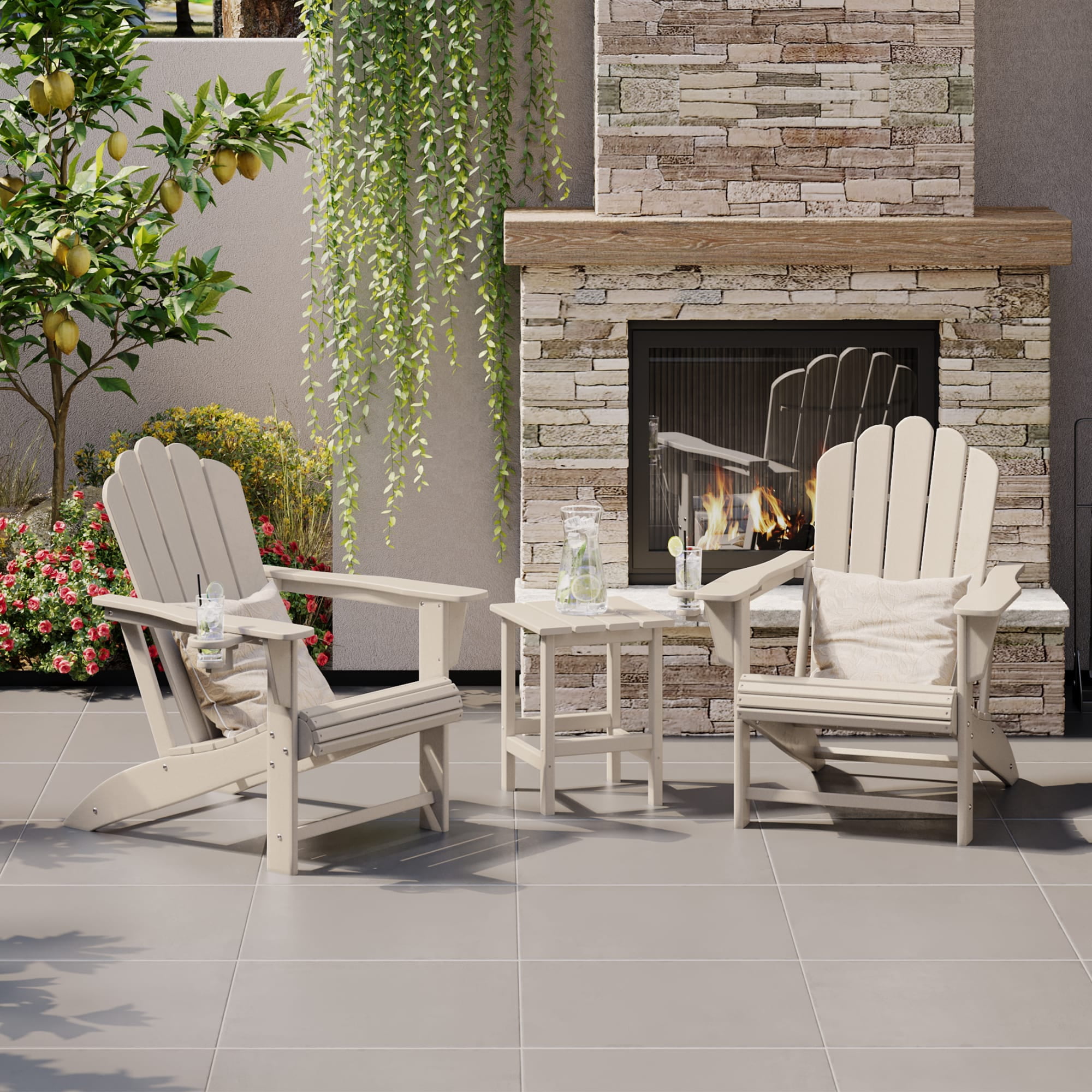WestinTrends Highland 3-Piece Outdoor Patio HDPE Adirondack Chair With Cup Holder and Table Set, Sand