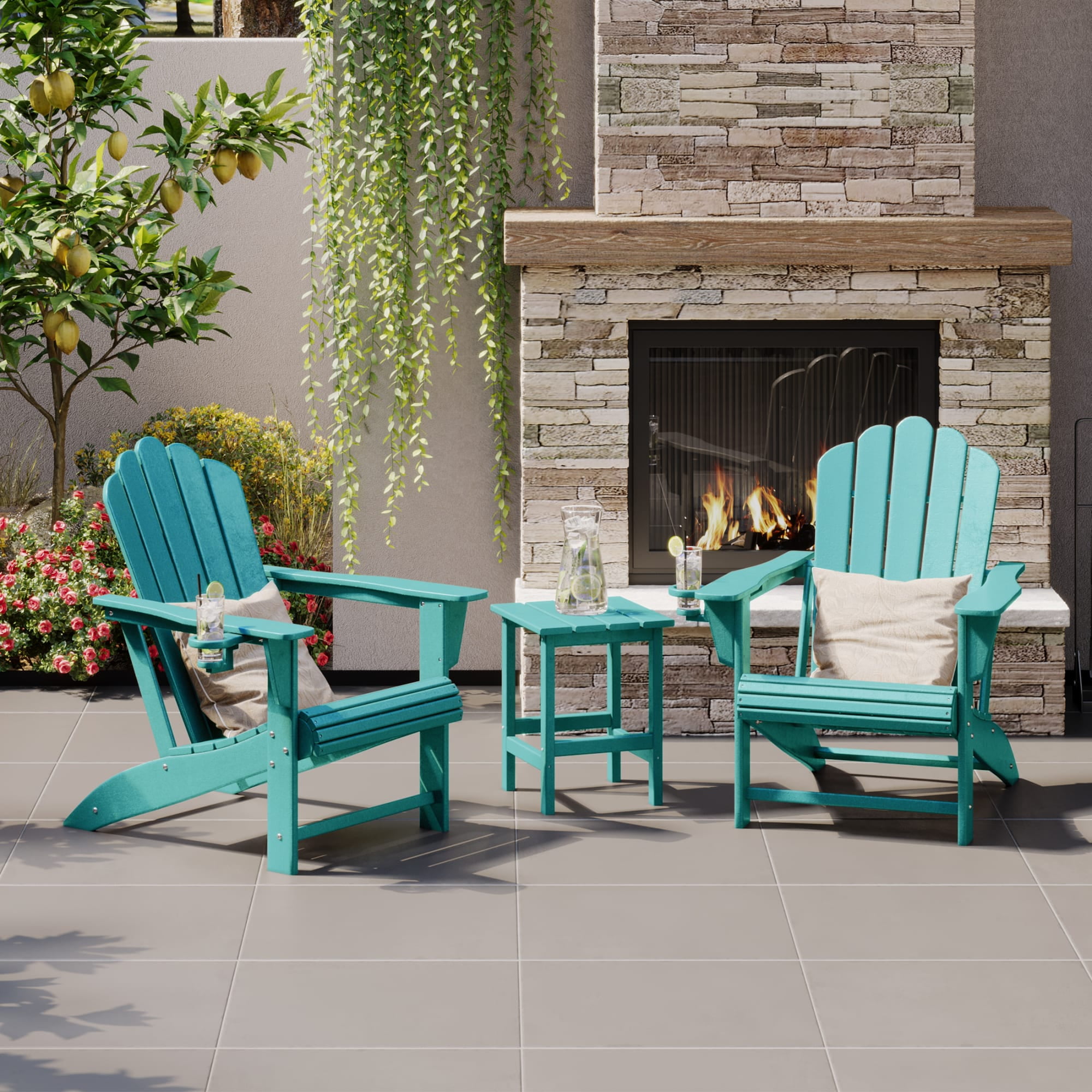 WestinTrends Highland 3-Piece Outdoor Patio HDPE Adirondack Chair With Cup Holder and Table Set, Turquoise