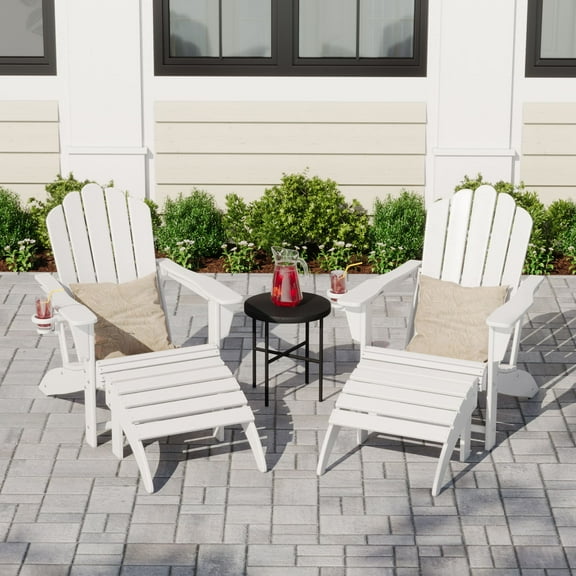 WestinTrends Highland 4-Piece Outdoor Patio HDPE Adirondack Chairs With Ottomans and Cup Holder Set, White