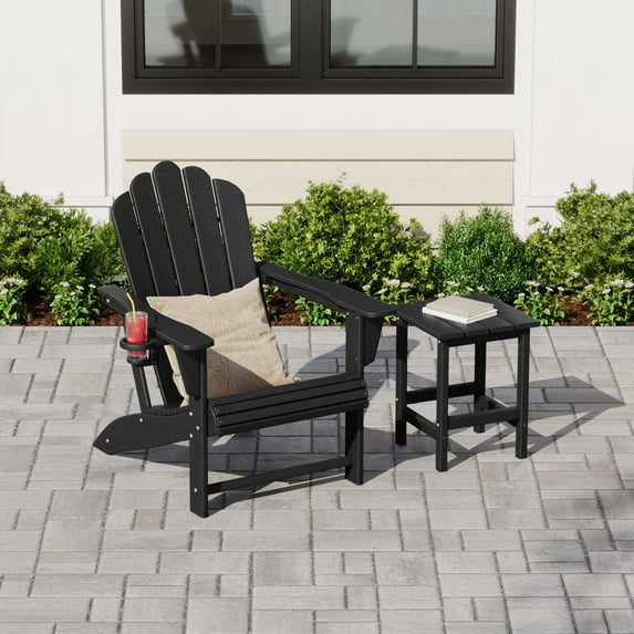 WestinTrends Highland Outdoor Patio HDPE Adirondack Chair With Cup Holder and Table Set, Black