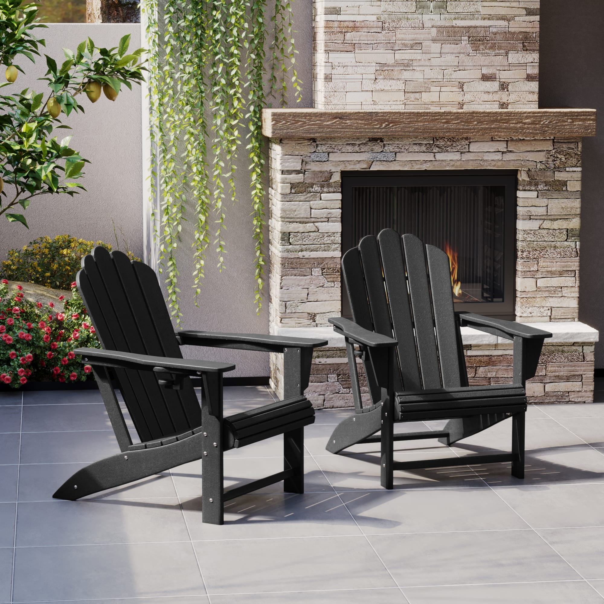 WestinTrends Highland Outdoor Patio HDPE Adirondack Chairs With Cup Holders (Set of 2), Black