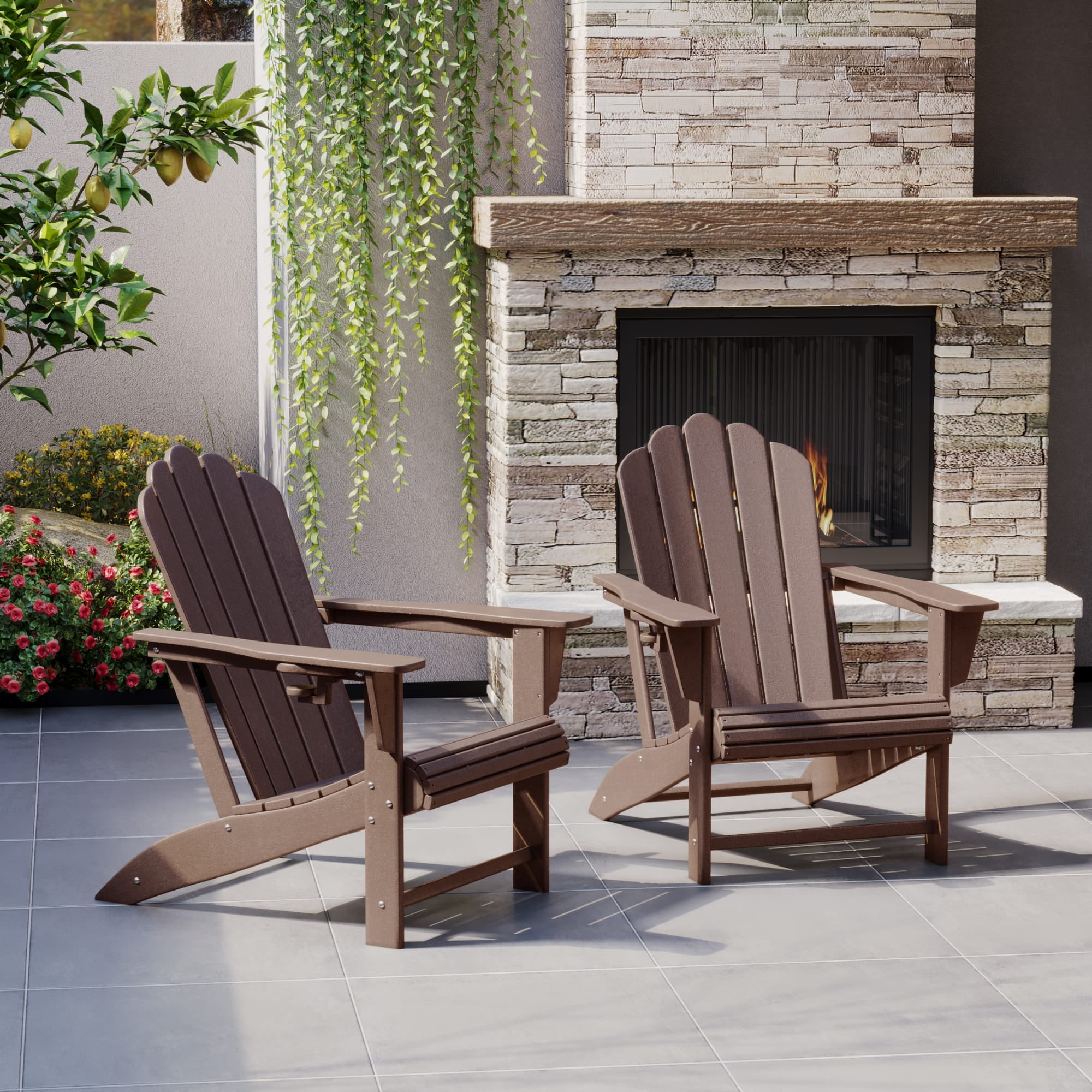 WestinTrends Highland Outdoor Patio HDPE Adirondack Chairs With Cup Holders (Set of 2), Dark Brown