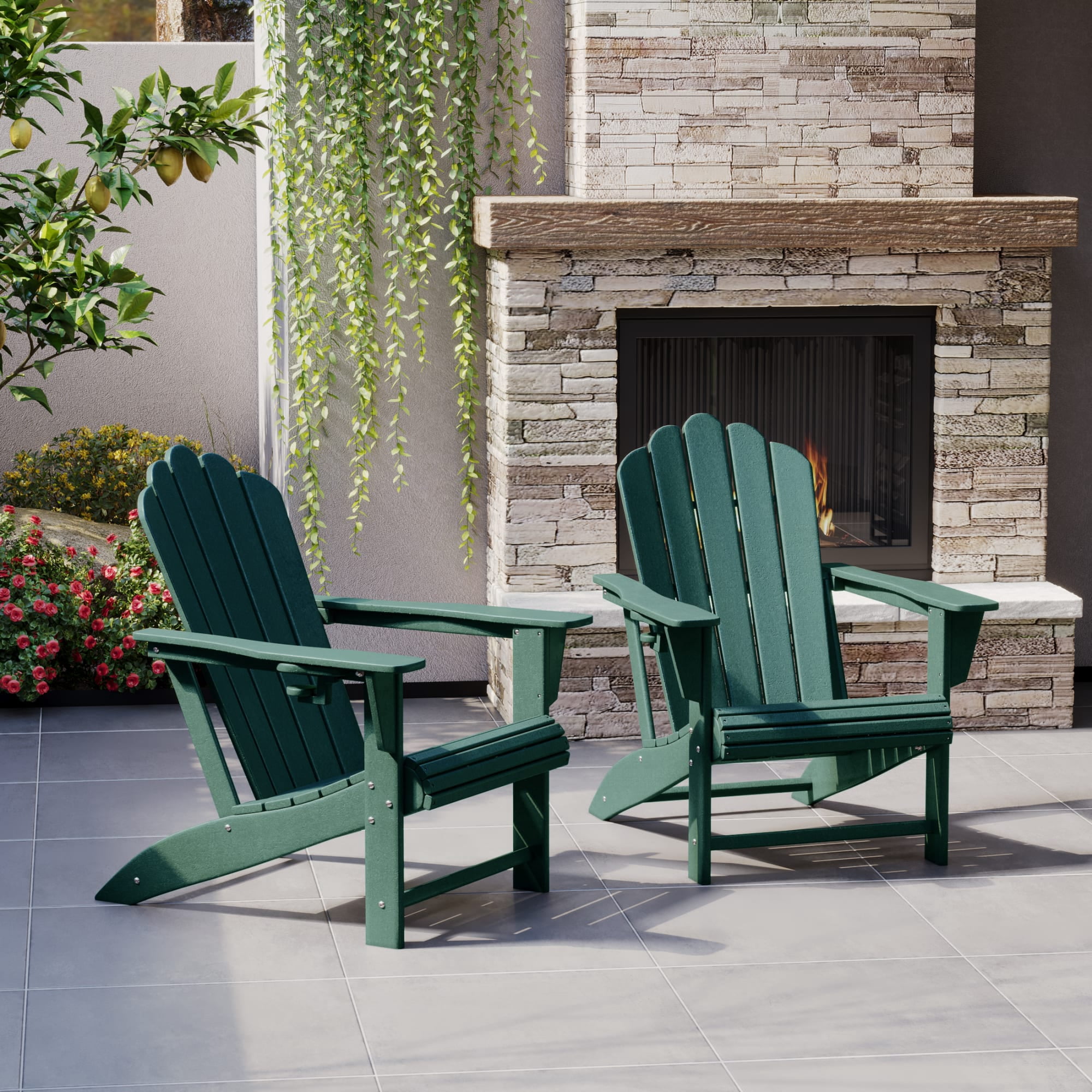 WestinTrends Highland Outdoor Patio HDPE Adirondack Chairs With Cup Holders (Set of 2), Dark Green
