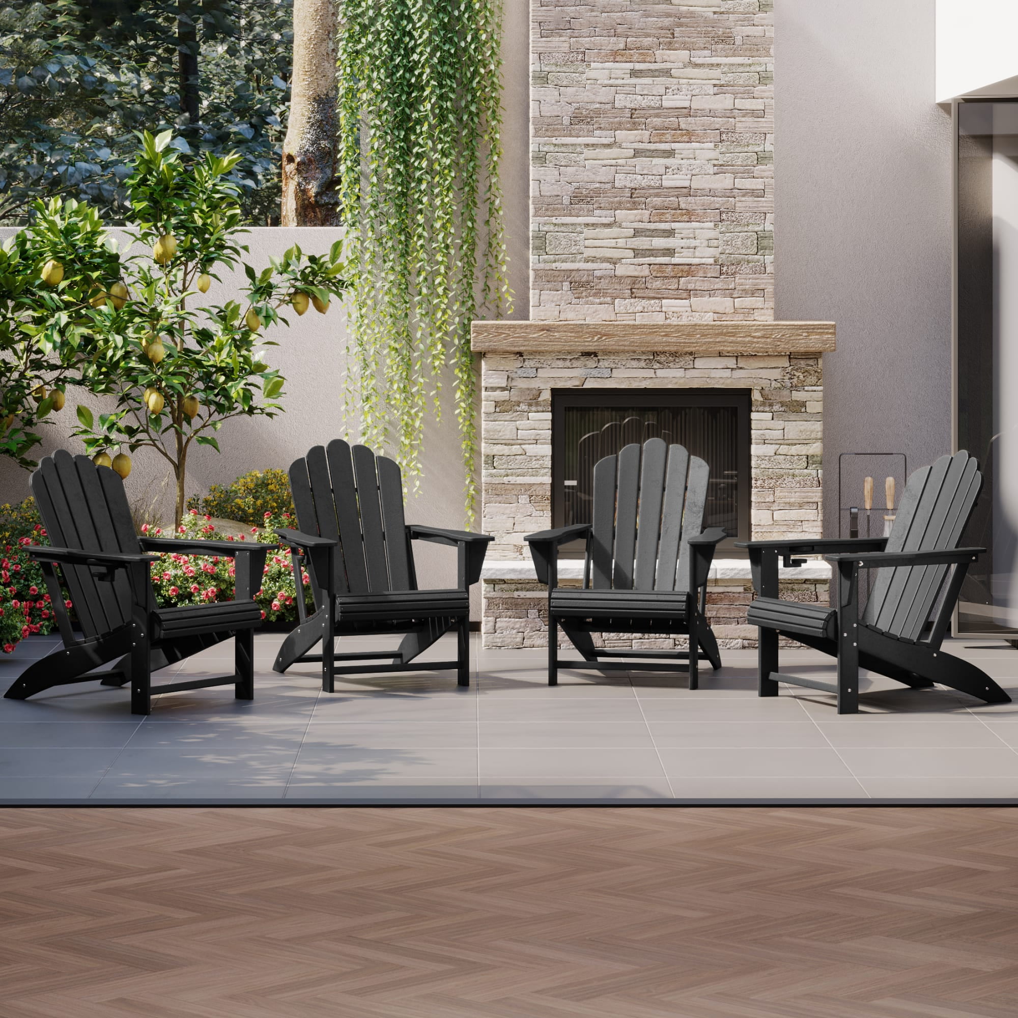 WestinTrends Highland Outdoor Patio HDPE Adirondack Chairs With Cup Holders (Set of 4), Black