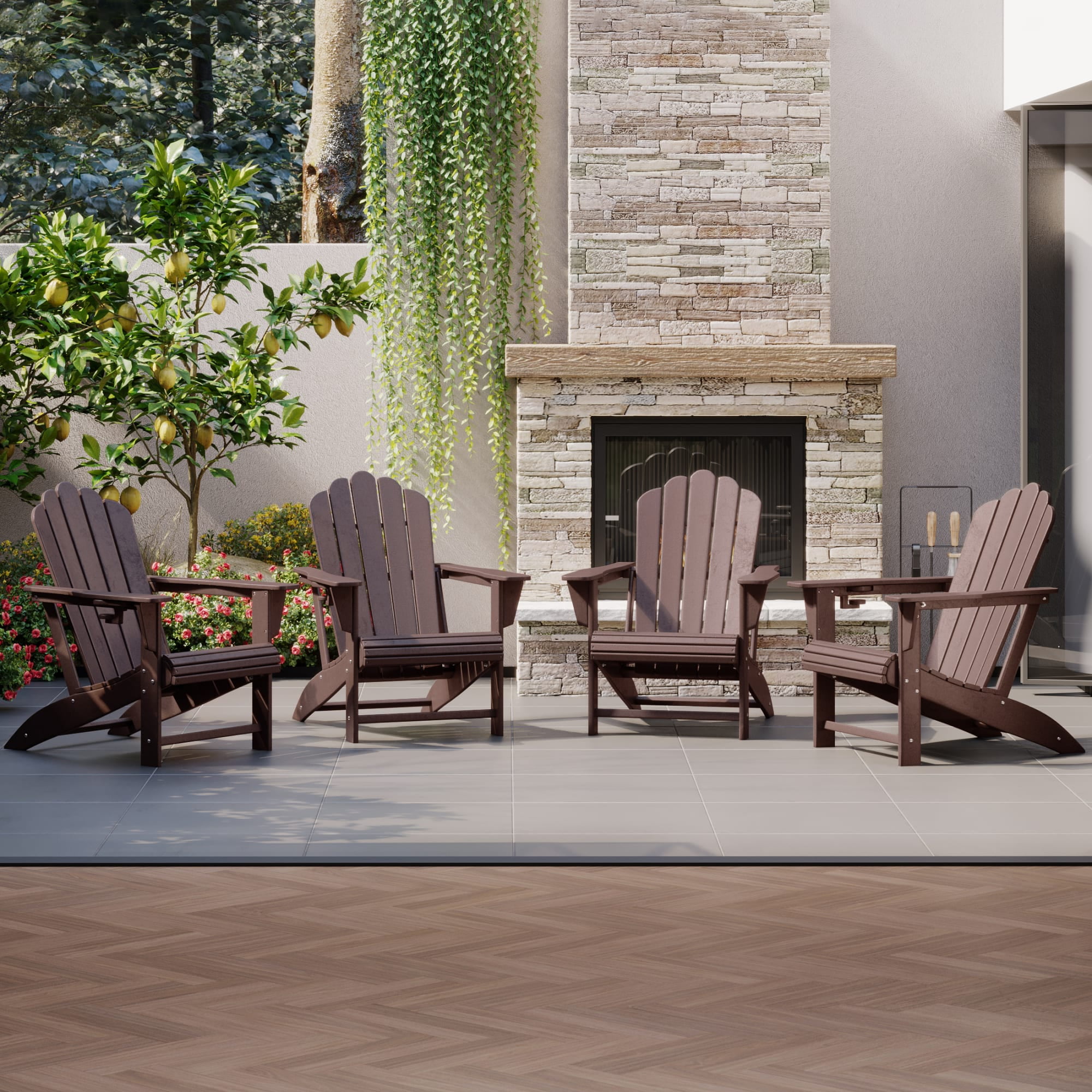 WestinTrends Highland Outdoor Patio HDPE Adirondack Chairs With Cup Holders (Set of 4), Dark Brown