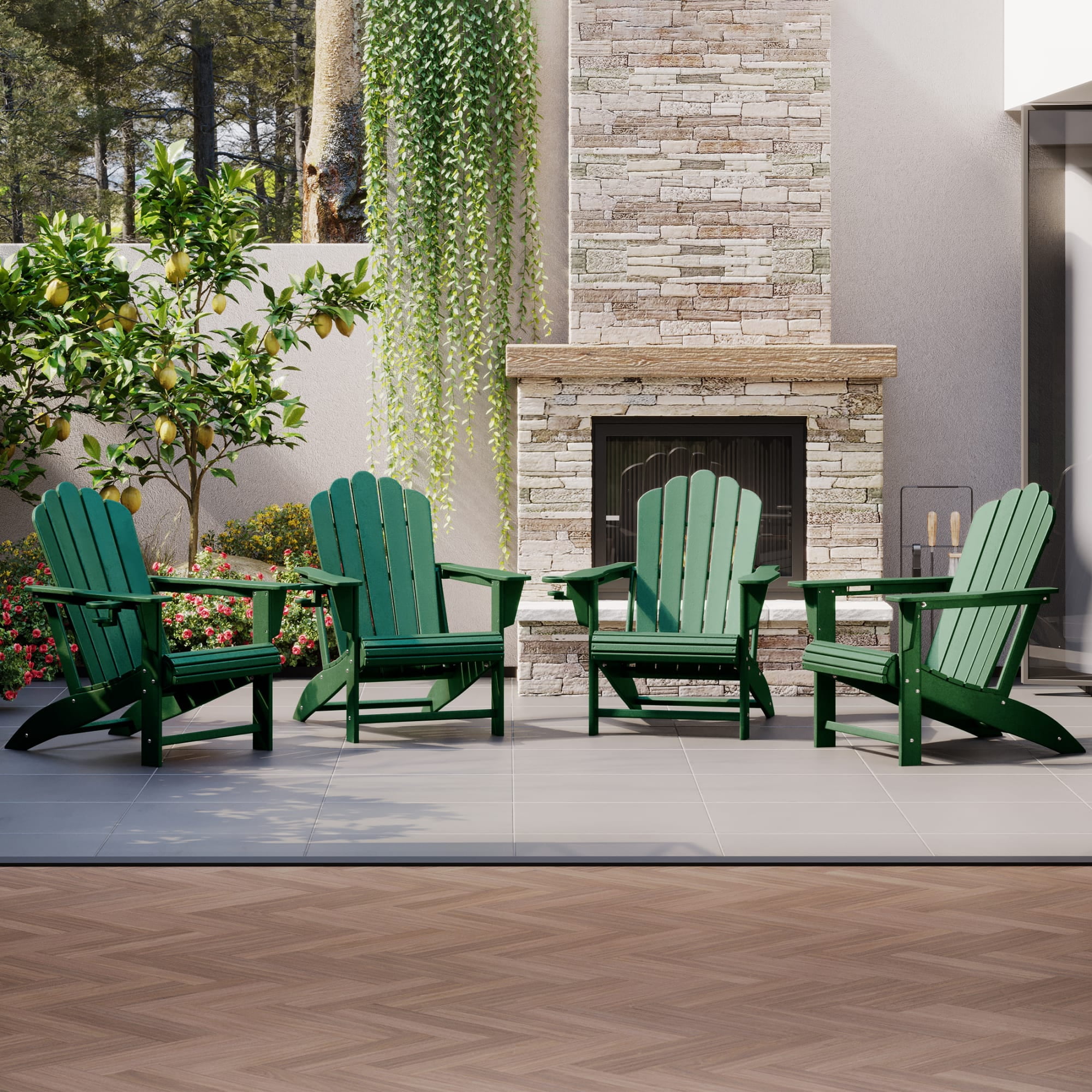 WestinTrends Highland Outdoor Patio HDPE Adirondack Chairs With Cup Holders (Set of 4), Dark Green