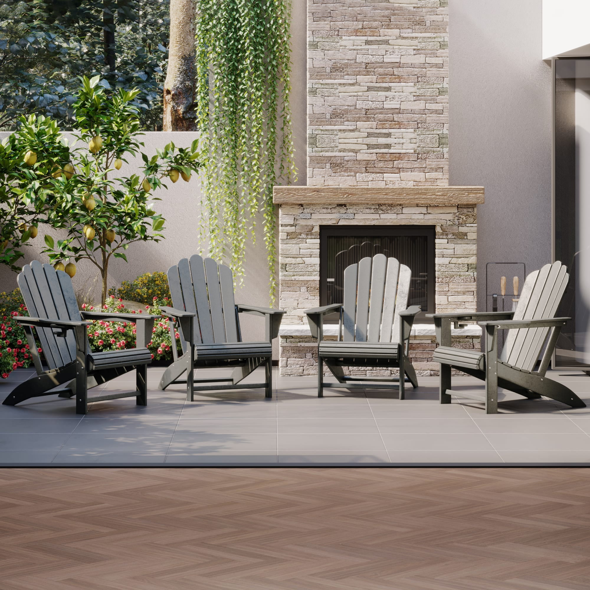 WestinTrends Highland Outdoor Patio HDPE Adirondack Chairs With Cup Holders (Set of 4), Gray