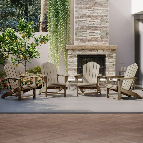 WestinTrends Highland Outdoor Patio HDPE Adirondack Chairs With Cup Holders (Set of 4), Weathered Wood