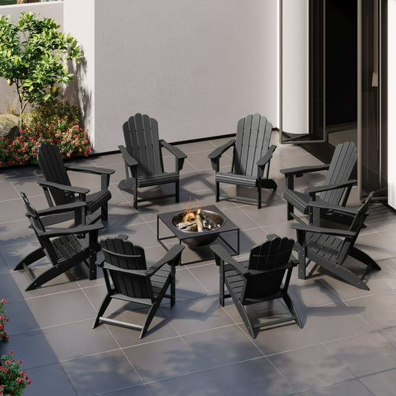 WestinTrends Highland Outdoor Patio HDPE Adirondack Chairs With Cup Holders (Set of 8), Black