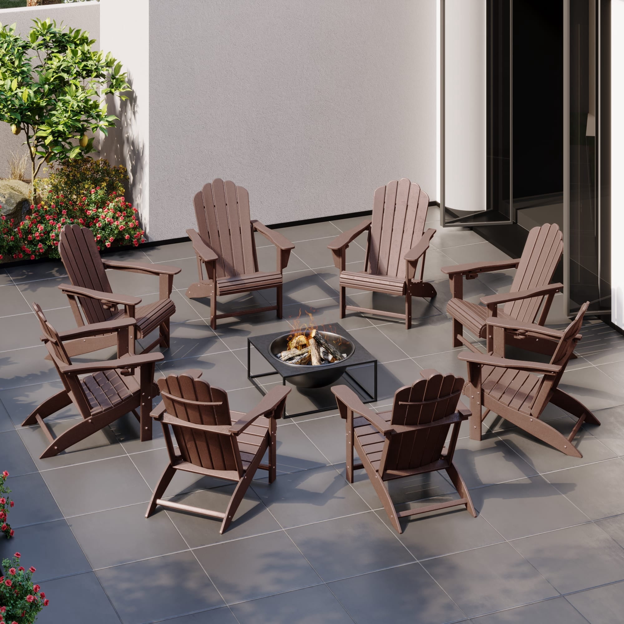 WestinTrends Highland Outdoor Patio HDPE Adirondack Chairs With Cup Holders (Set of 8), Dark Brown