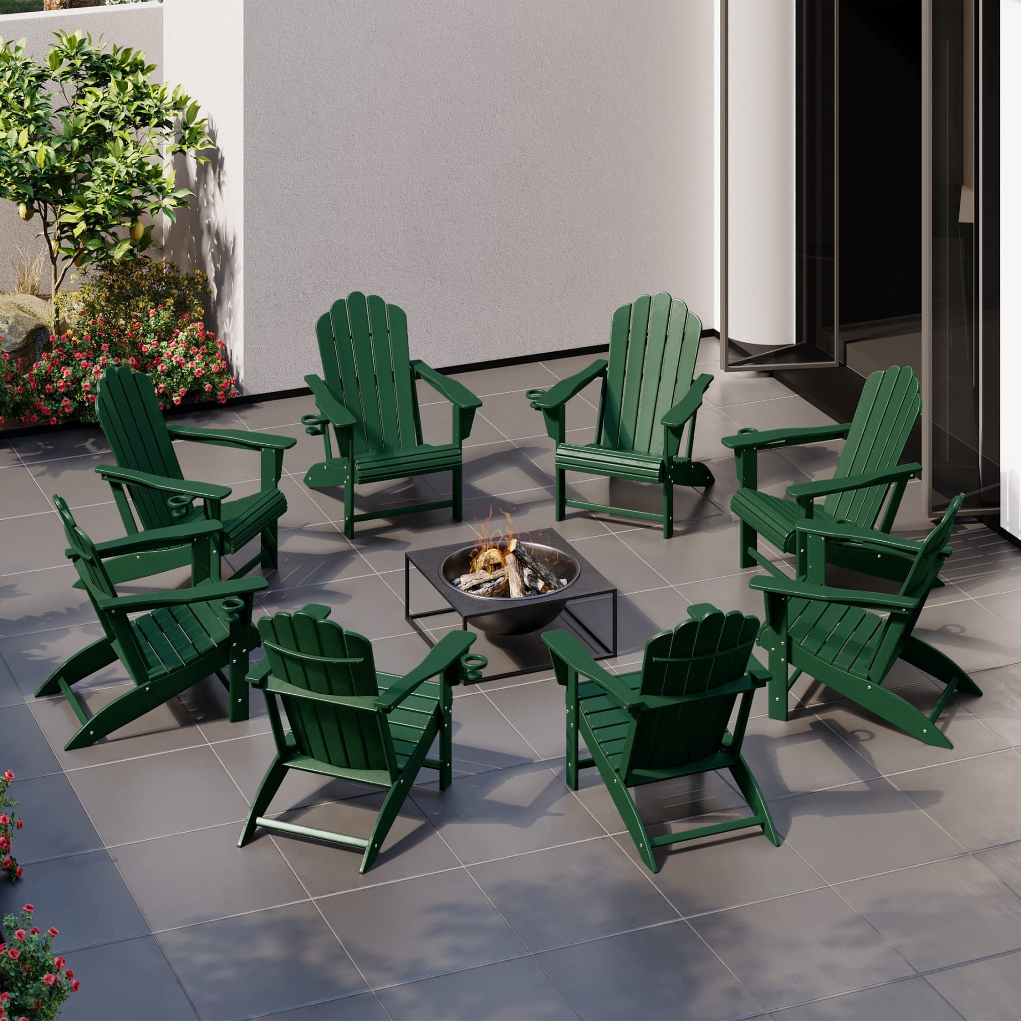WestinTrends Highland Outdoor Patio HDPE Adirondack Chairs With Cup Holders (Set of 8), Dark Green