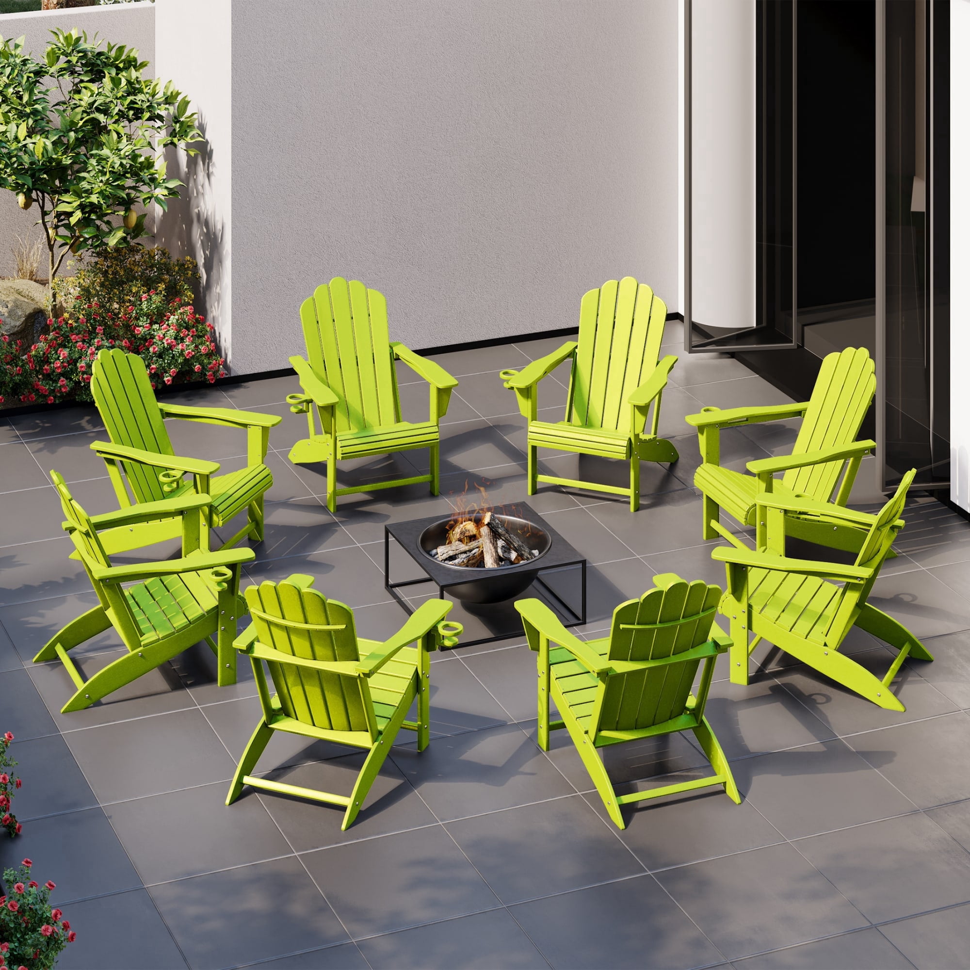 WestinTrends Highland Outdoor Patio HDPE Adirondack Chairs With Cup Holders (Set of 8), Lime
