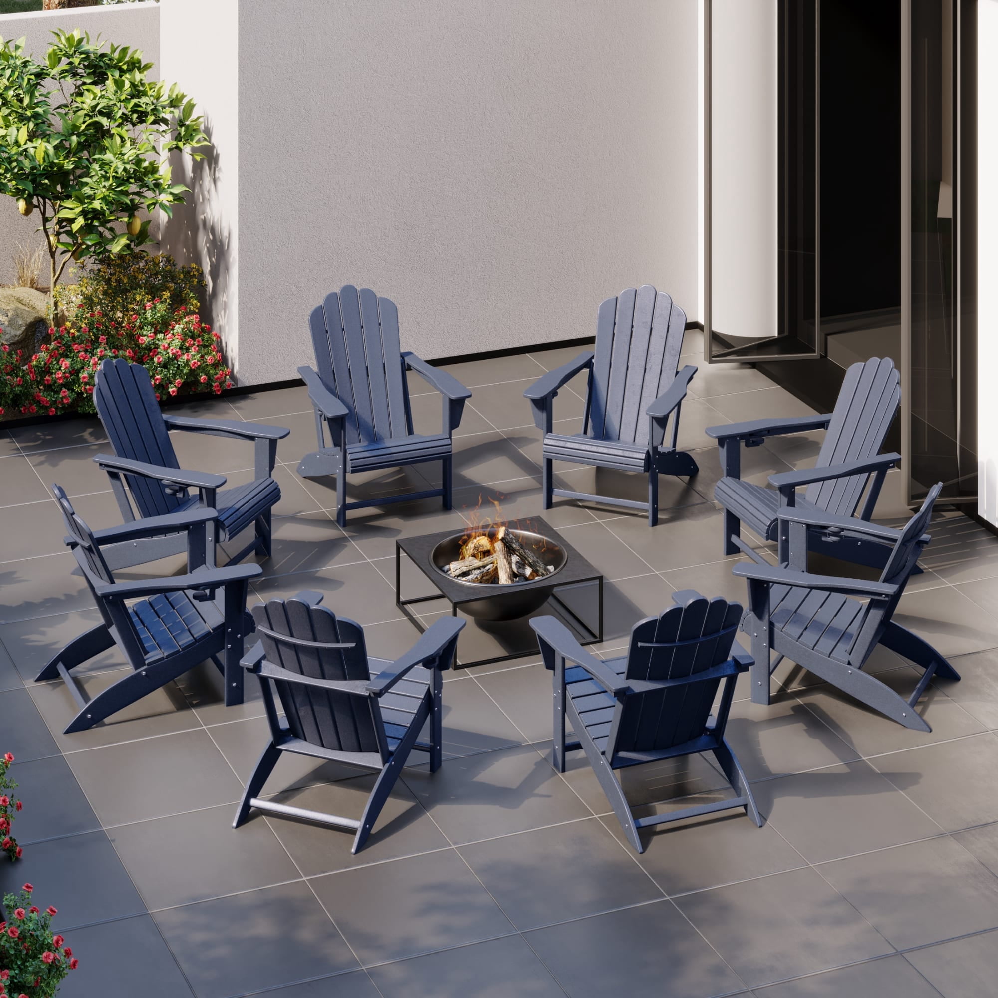 WestinTrends Highland Outdoor Patio HDPE Adirondack Chairs With Cup Holders (Set of 8), Navy Blue
