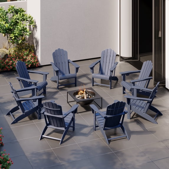 WestinTrends Highland Outdoor Patio HDPE Adirondack Chairs With Cup Holders (Set of 8), Navy Blue