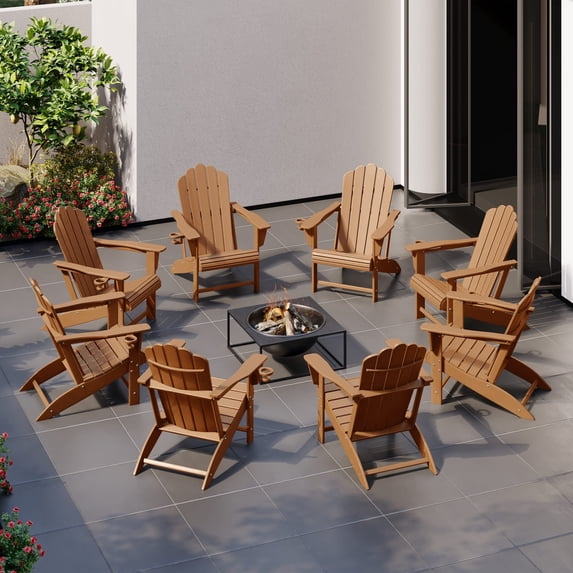 WestinTrends Highland Outdoor Patio HDPE Adirondack Chairs With Cup Holders (Set of 8), Teak