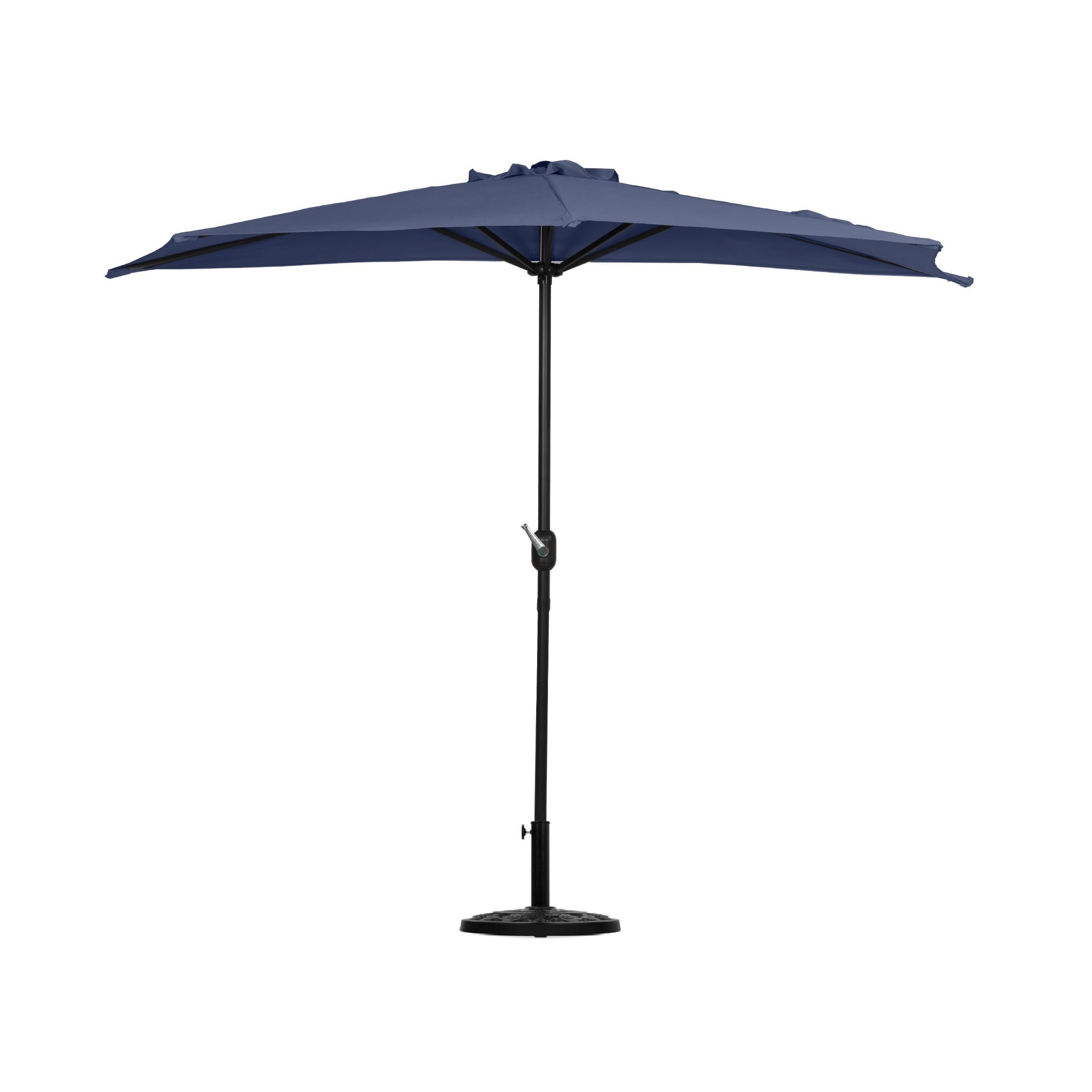 WestinTrends Lanai 9 Ft Outdoor Patio Half Umbrella with Base Include, Small Grill Deck Porch Balcony Shade Umbrella with Crank, 20 inch Fillable Round Base, Navy Blue
