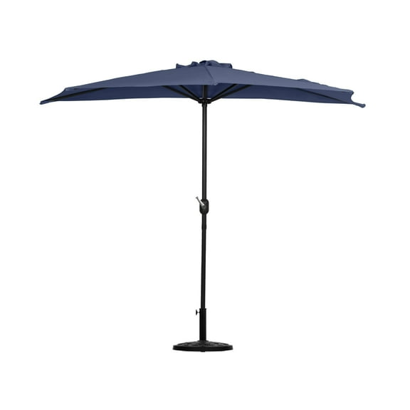 WestinTrends Lanai 9 Ft Outdoor Patio Half Umbrella with Base Include, Small Grill Deck Porch Balcony Shade Umbrella with Crank, 20 inch Fillable Round Base, Navy Blue