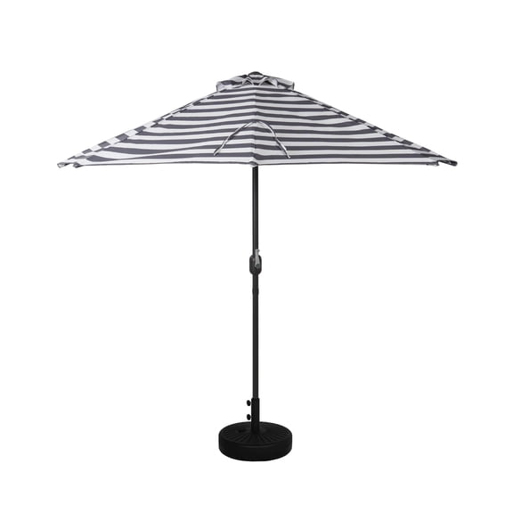 WestinTrends Lanai 9 Ft Outdoor Patio Half Umbrella with Base Include, Small Grill Deck Porch Balcony Shade Umbrella with Crank, 20 inch Fillable Round Base, Black/White