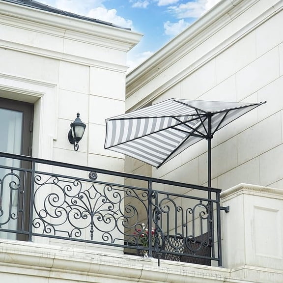 WestinTrends Lanai 9 Ft Outdoor Patio Half Umbrella, Small Grill Deck Porch Balcony Shade Umbrella with Crank, Black/White