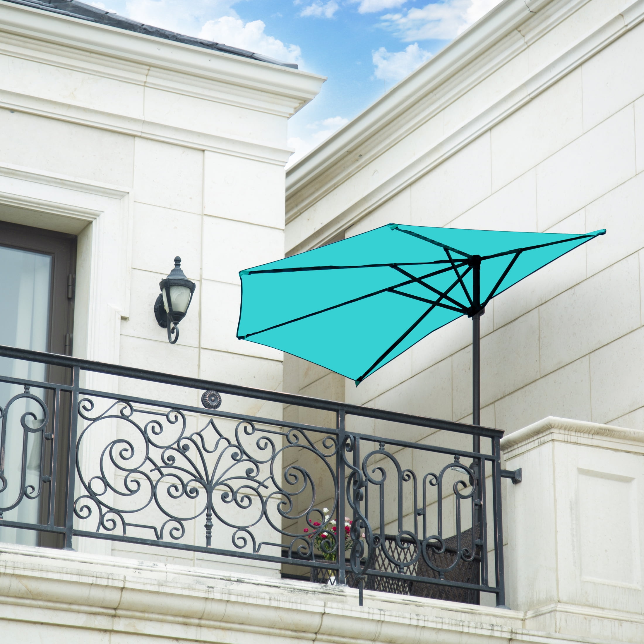 best windy balcony patio umbrella 50 lb half base stand FLAME&SHADE 9 ft with Push Button Tilt, Aqua Blue The Half Moon Umbrella Base by Pure Garden is perfect for securely supporting half umbrellas used on smaller decks FLAME&SHADE 9 ft Half Round