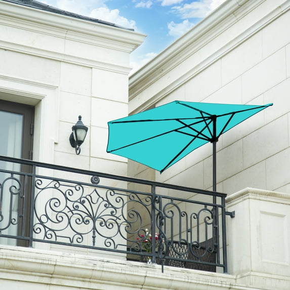 WestinTrends Lanai 9 Ft Outdoor Patio Half Umbrella, Small Grill Deck Porch Balcony Shade Umbrella with Crank, Turquoise