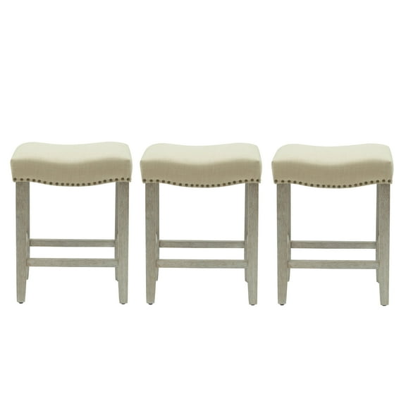 WestinTrends Lenox 24" Upholstered Saddle Seat Counter Stool (Set of 3), Antique Gray/Beige