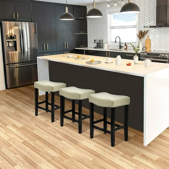 WestinTrends Lenox 24" Upholstered Saddle Seat Counter Stool (Set of 3), Black/Beige