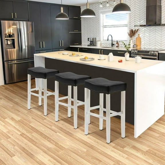 WestinTrends Lenox 29" Upholstered Saddle Seat Antique White Bar Stool (Set of 3), Antique White