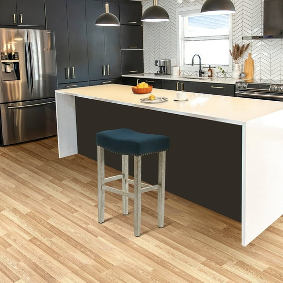 WestinTrends Lenox 29" upholstered nail head bar stool, Antique Gray/Navy Blue