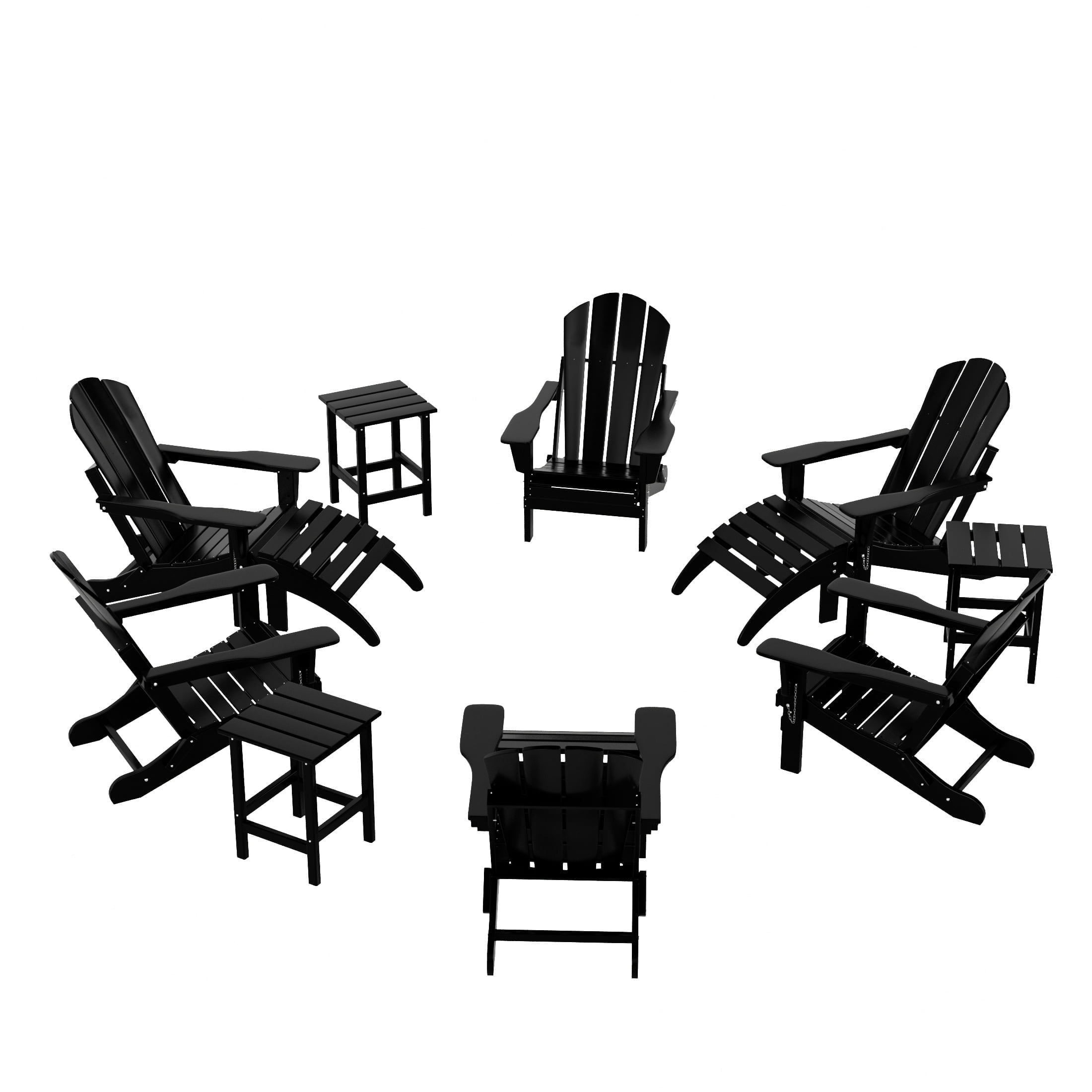 Malibu Black HDPE 12-Piece Outdoor Adirondack Chair Set with Ottoman and Side Table