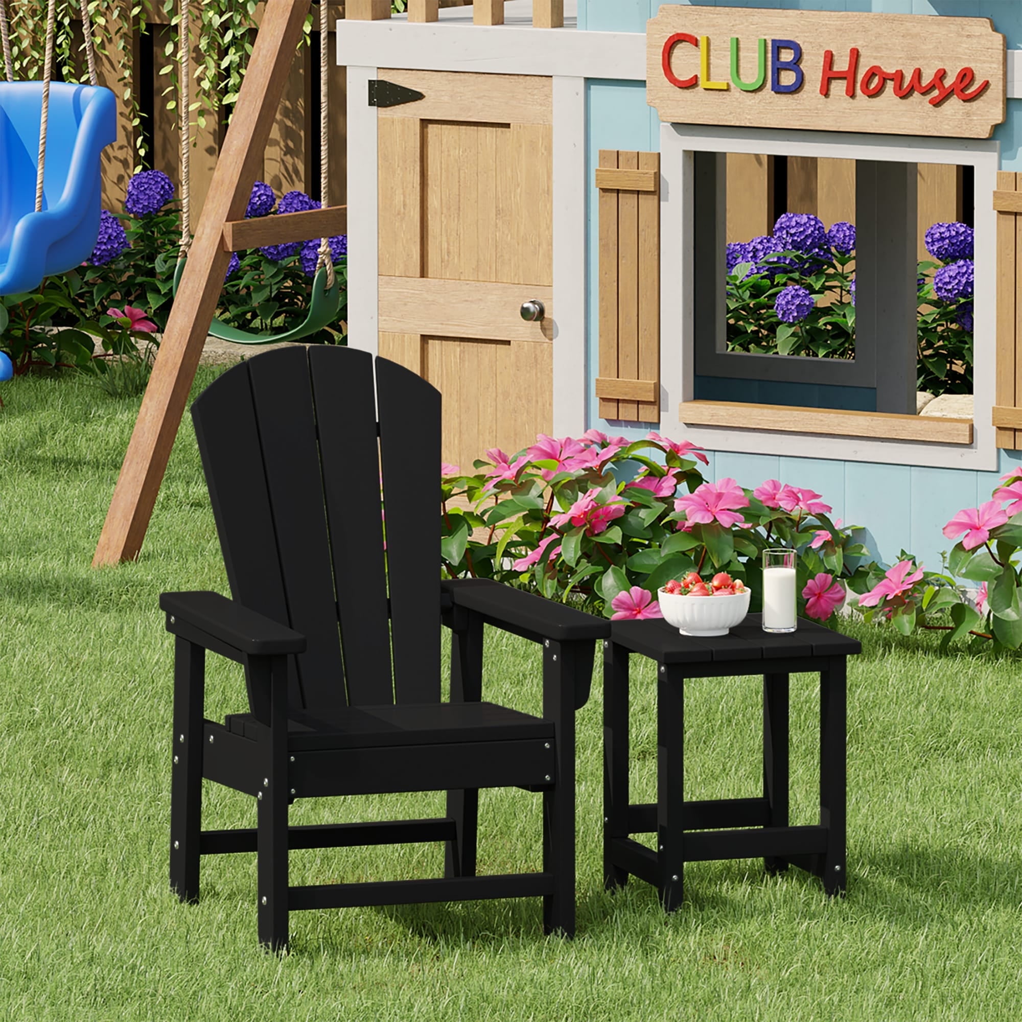 WestinTrends Malibu 2-Piece Kids Outdoor HDPE Adirondack Chair With Square Side Table Set, Black