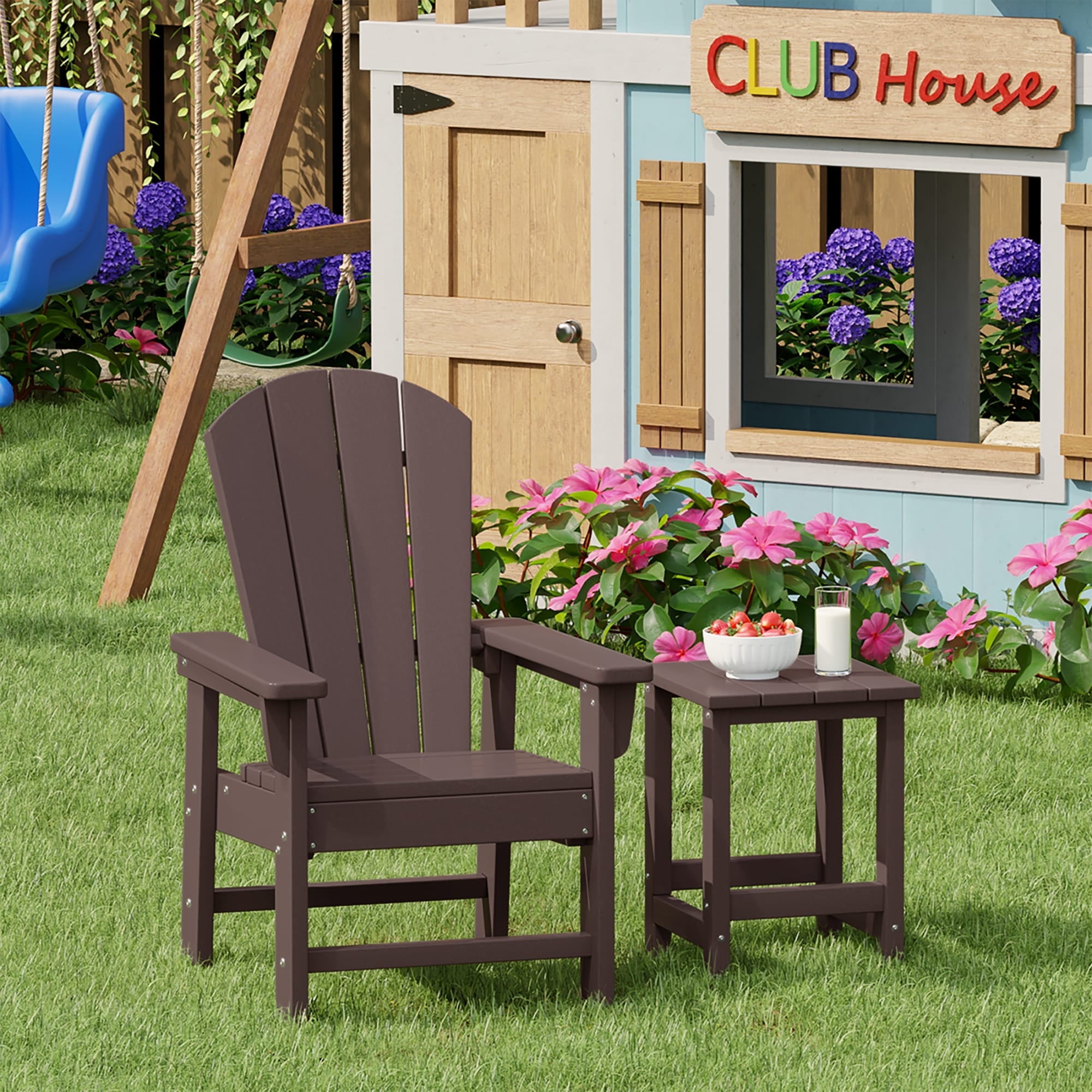 WestinTrends Malibu 2-Piece Kids Outdoor HDPE Adirondack Chair With Square Side Table Set, Dark Brown