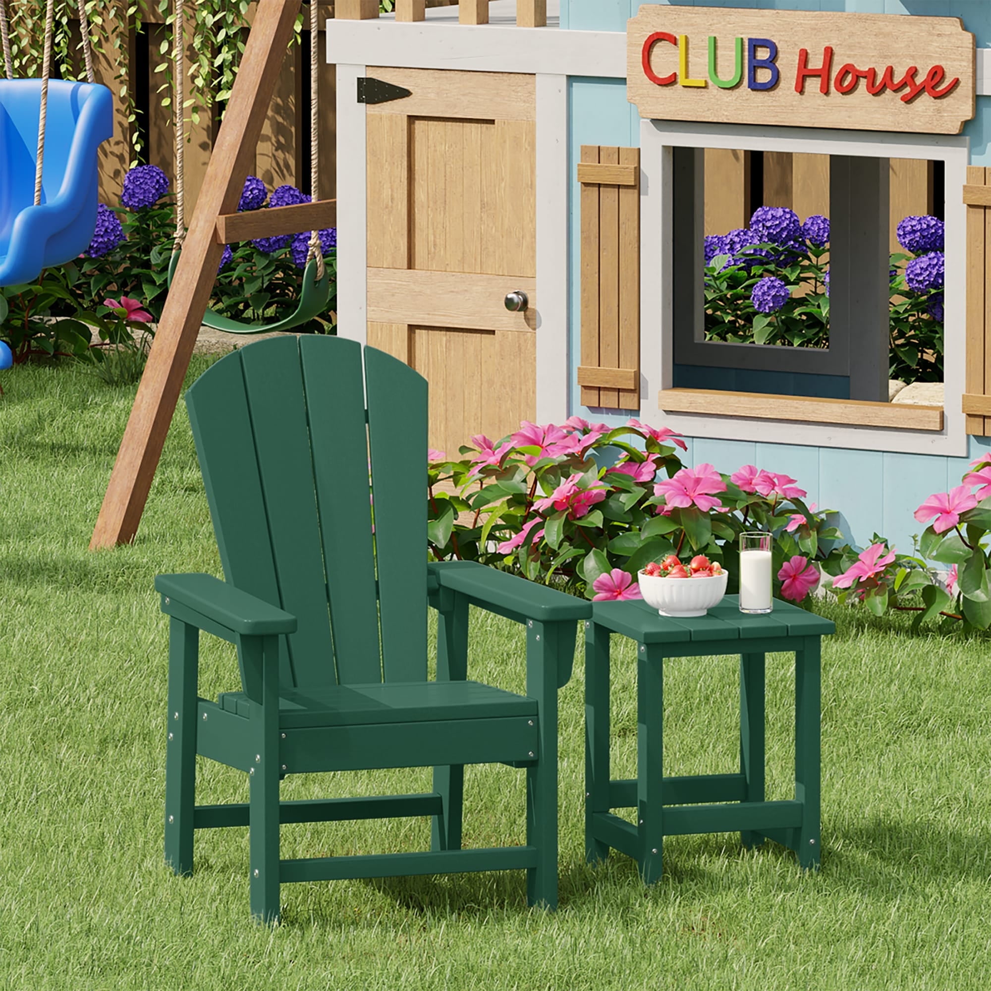 WestinTrends Malibu 2-Piece Kids Outdoor HDPE Adirondack Chair With Square Side Table Set, Dark Green