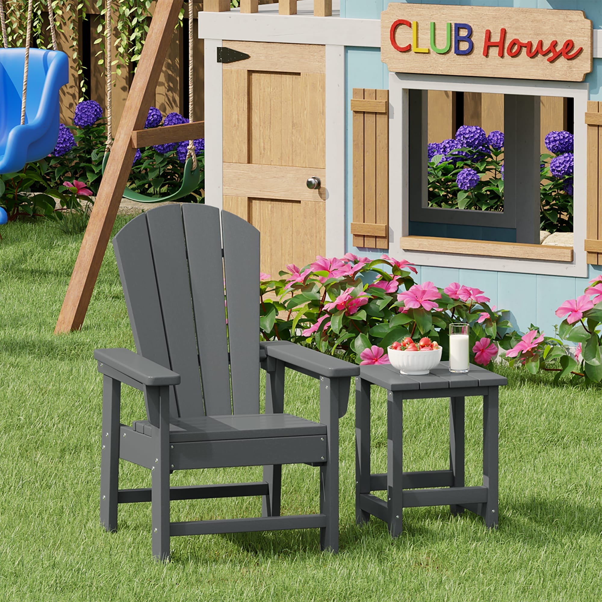 WestinTrends Malibu 2-Piece Kids Outdoor HDPE Adirondack Chair With Square Side Table Set, Gray