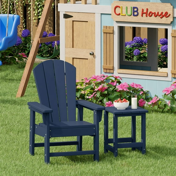 WestinTrends Malibu 2-Piece Kids Outdoor HDPE Adirondack Chair With Square Side Table Set, Navy Blue