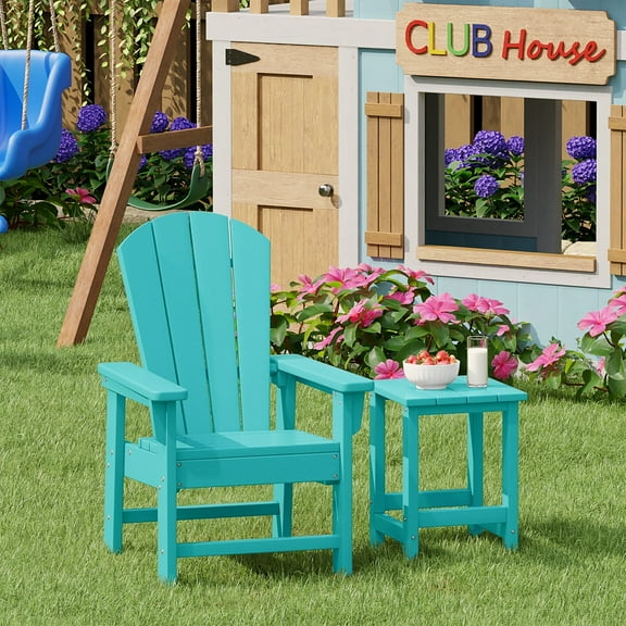 WestinTrends Malibu 2-Piece Kids Outdoor HDPE Adirondack Chair With Square Side Table Set, Turquoise