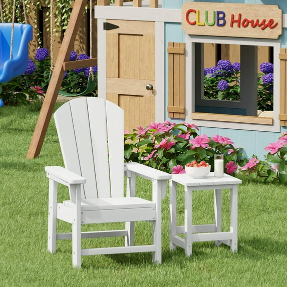 WestinTrends Malibu 2-Piece Kids Outdoor HDPE Adirondack Chair With Square Side Table Set, White
