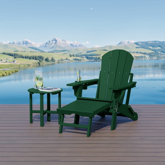 WestinTrends Malibu 2-Piece Outdoor Folding Adjustable Adirondack Chair with Cup Holder & Hideaway Ottoman and 18" Side Table, Dark Green