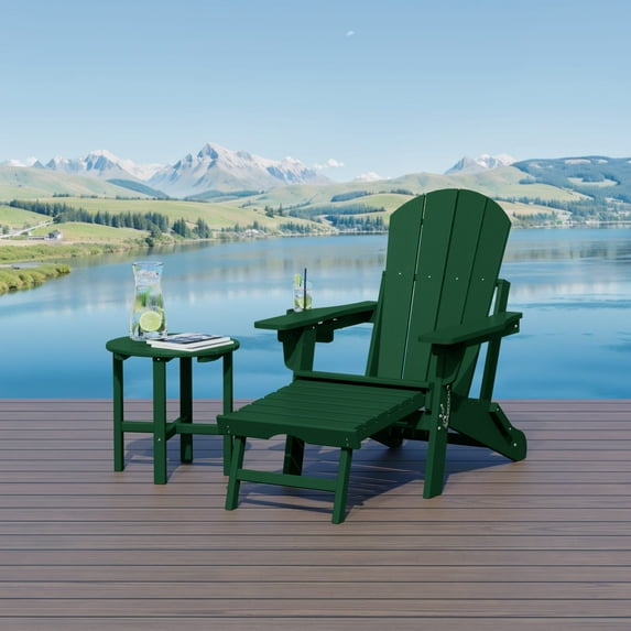 WestinTrends Malibu 2-Piece Outdoor Folding Adjustable Adirondack Chair with Cup Holder & Hideaway Ottoman and 18" Side Table, Dark Green