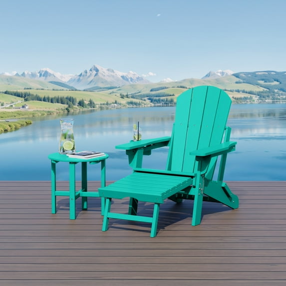 WestinTrends Malibu 2-Piece Outdoor Folding Adjustable Adirondack Chair with Cup Holder & Hideaway Ottoman and 18" Side Table, Turquoise