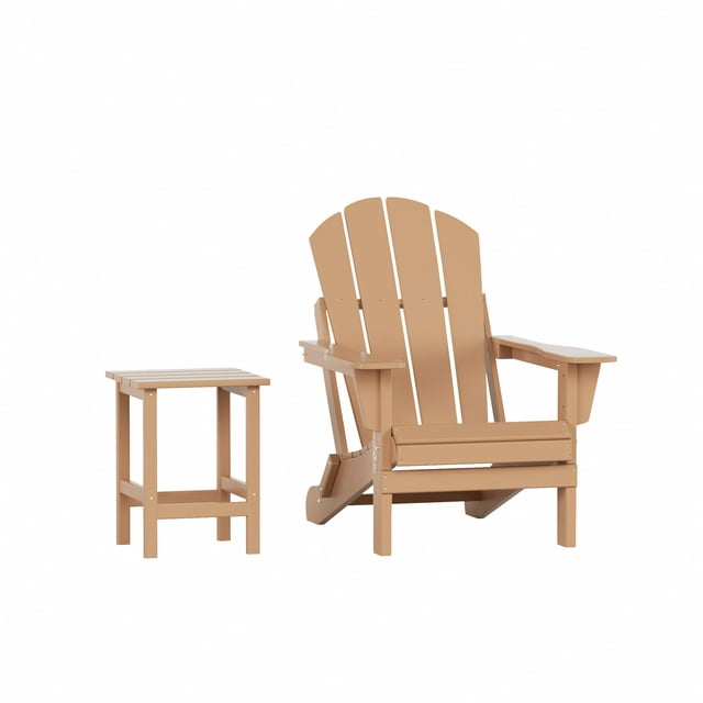 WestinTrends Malibu 2-Pieces Adirondack Chair Set with Side Table, All Weather Outdoor Seating Plastic Patio Lawn Chair Folding for Outside Porch Deck Backyard, Teak